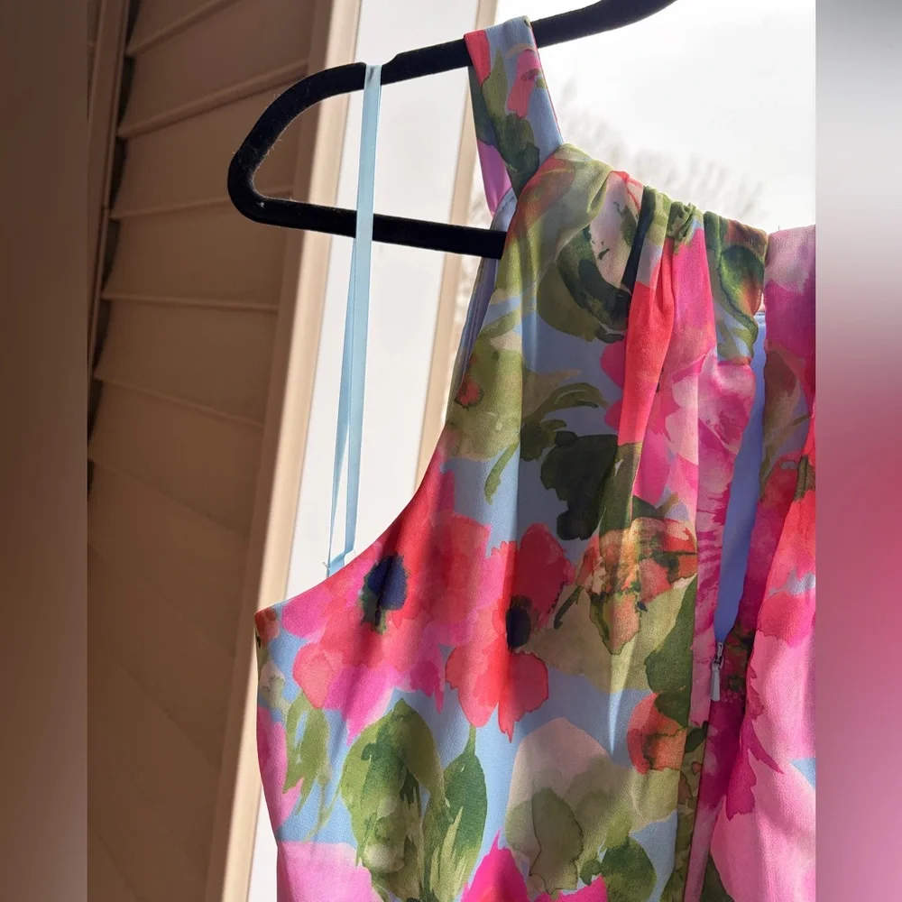 🆕 Xscape Floral Chiffon Halter Maxi Dress Size 12 Pink Blue Ruffle Formal Gown - Picture 11 of 17